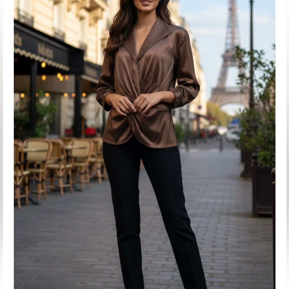 Tadashi Collection Chocolate Brown
Shimmer Beaded Collar Peplum
Blouse Size 16